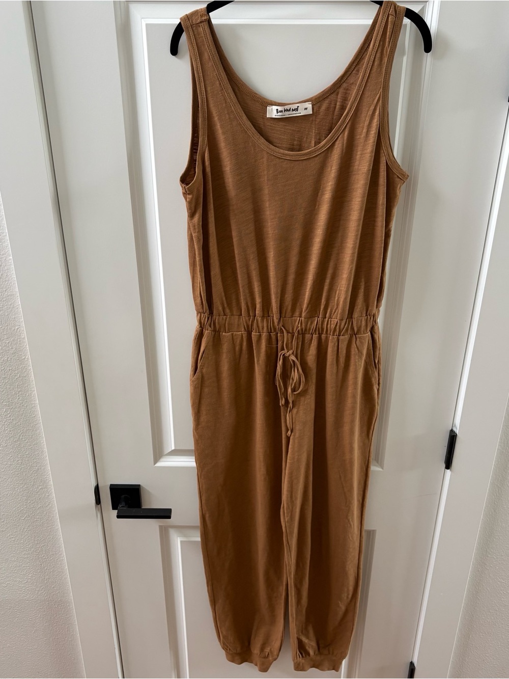 Three Bird Nest Breezy Back Knit Brown Jumpsuit Medium Boho Hippie Peasant Comfy - Picture 3 of 11
